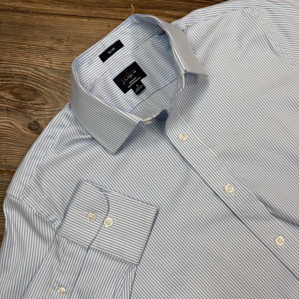J.Crew Mens SMALL Dress Shirt Blue White Striped Bowery Performance Slim